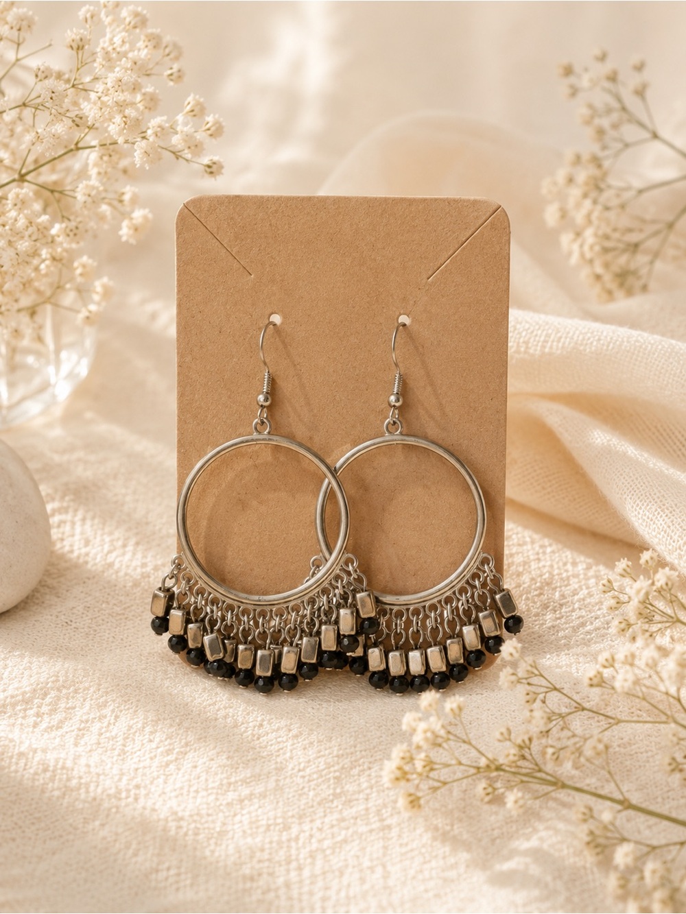 Silver Hoop Drop Earrings with Black Bead Fringe - Fashion Jewelry